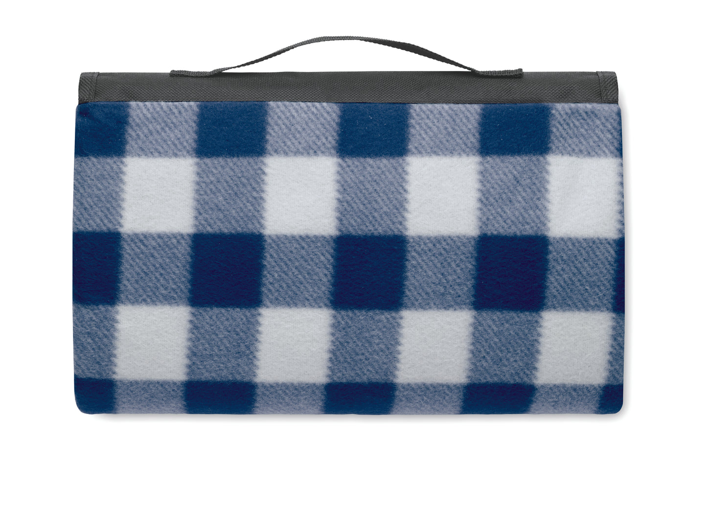 Faltbare Picknickdecke aus RPET Polar-Fleece 150 g/m² mit wasserabweisend beschichteter PEVA-Rückseite. Reißverschlusstasche