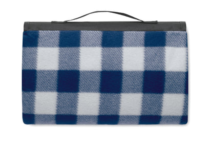 Faltbare Picknickdecke aus RPET Polar-Fleece 150 g/m² mit wasserabweisend beschichteter PEVA-Rückseite. Reißverschlusstasche