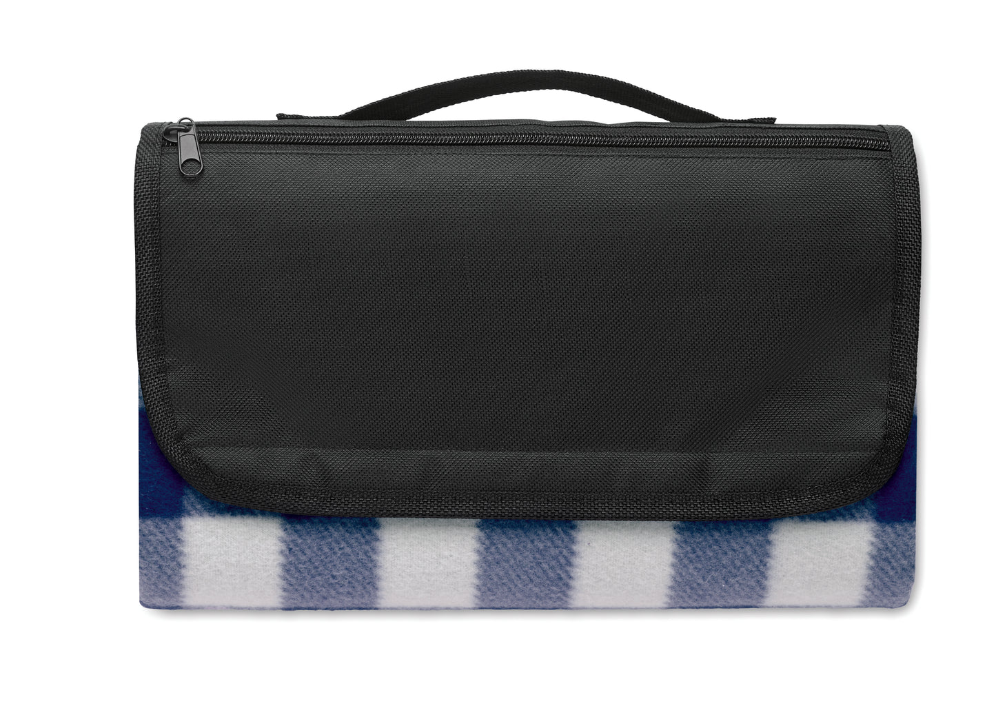 Faltbare Picknickdecke aus RPET Polar-Fleece 150 g/m² mit wasserabweisend beschichteter PEVA-Rückseite. Reißverschlusstasche