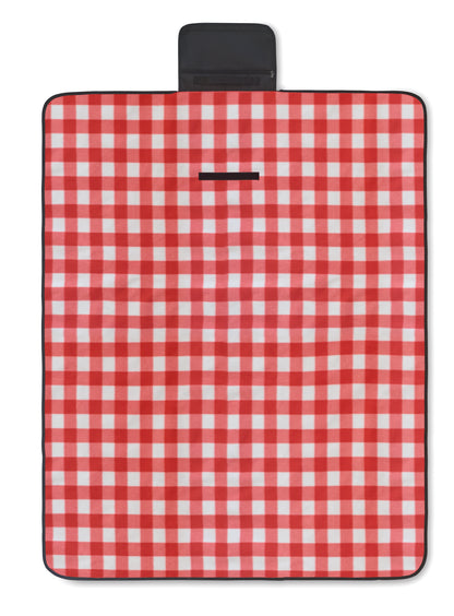 Faltbare Picknickdecke aus RPET Polar-Fleece 150 g/m² mit wasserabweisend beschichteter PEVA-Rückseite. Reißverschlusstasche
