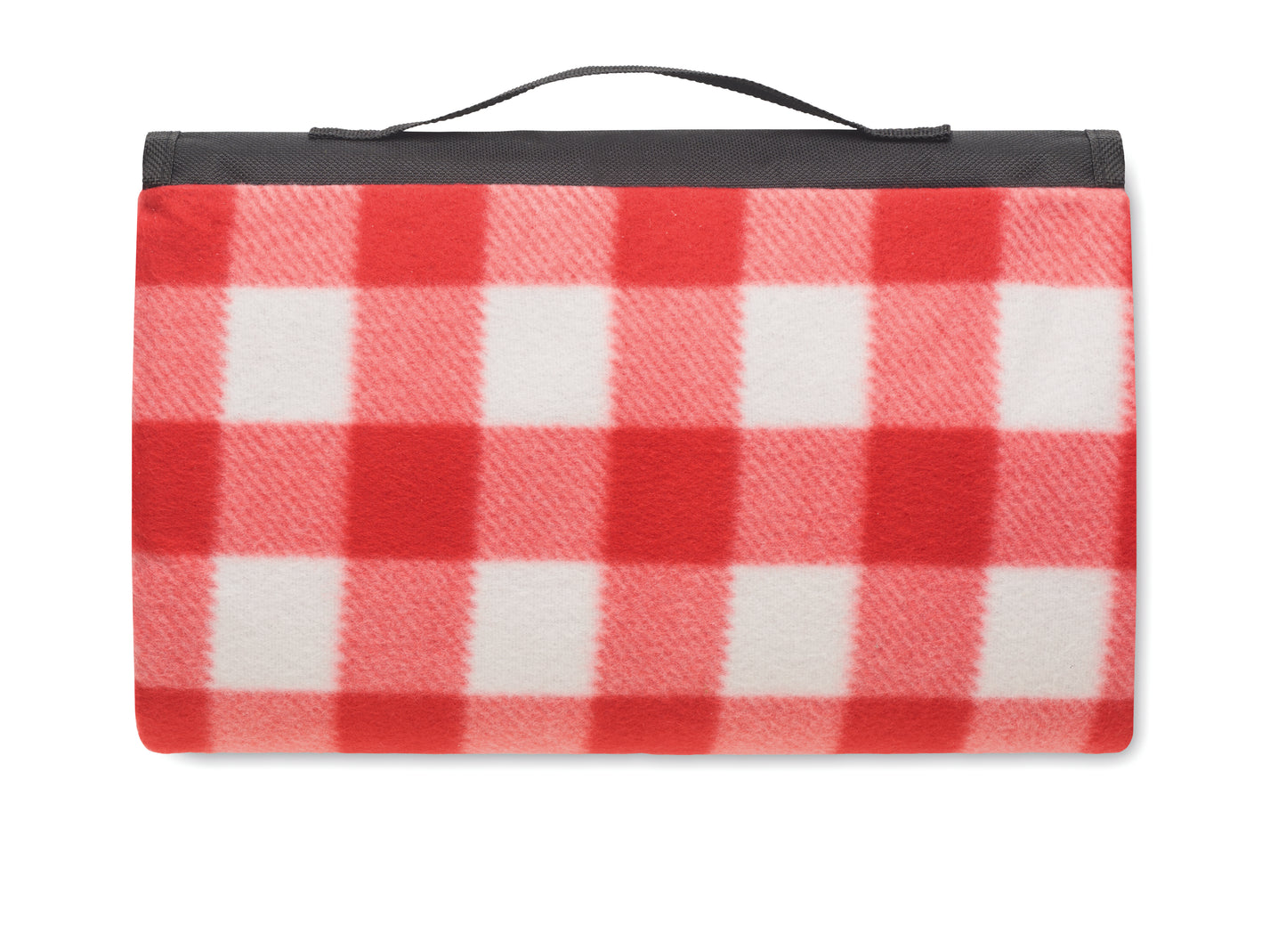 Faltbare Picknickdecke aus RPET Polar-Fleece 150 g/m² mit wasserabweisend beschichteter PEVA-Rückseite. Reißverschlusstasche