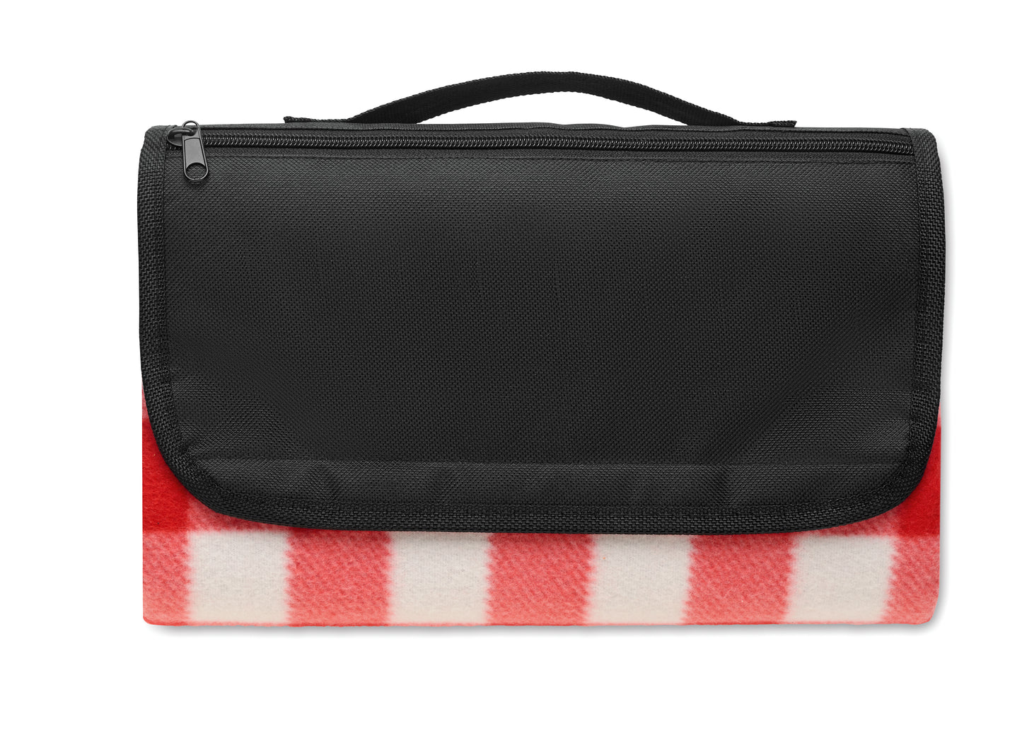 Faltbare Picknickdecke aus RPET Polar-Fleece 150 g/m² mit wasserabweisend beschichteter PEVA-Rückseite. Reißverschlusstasche