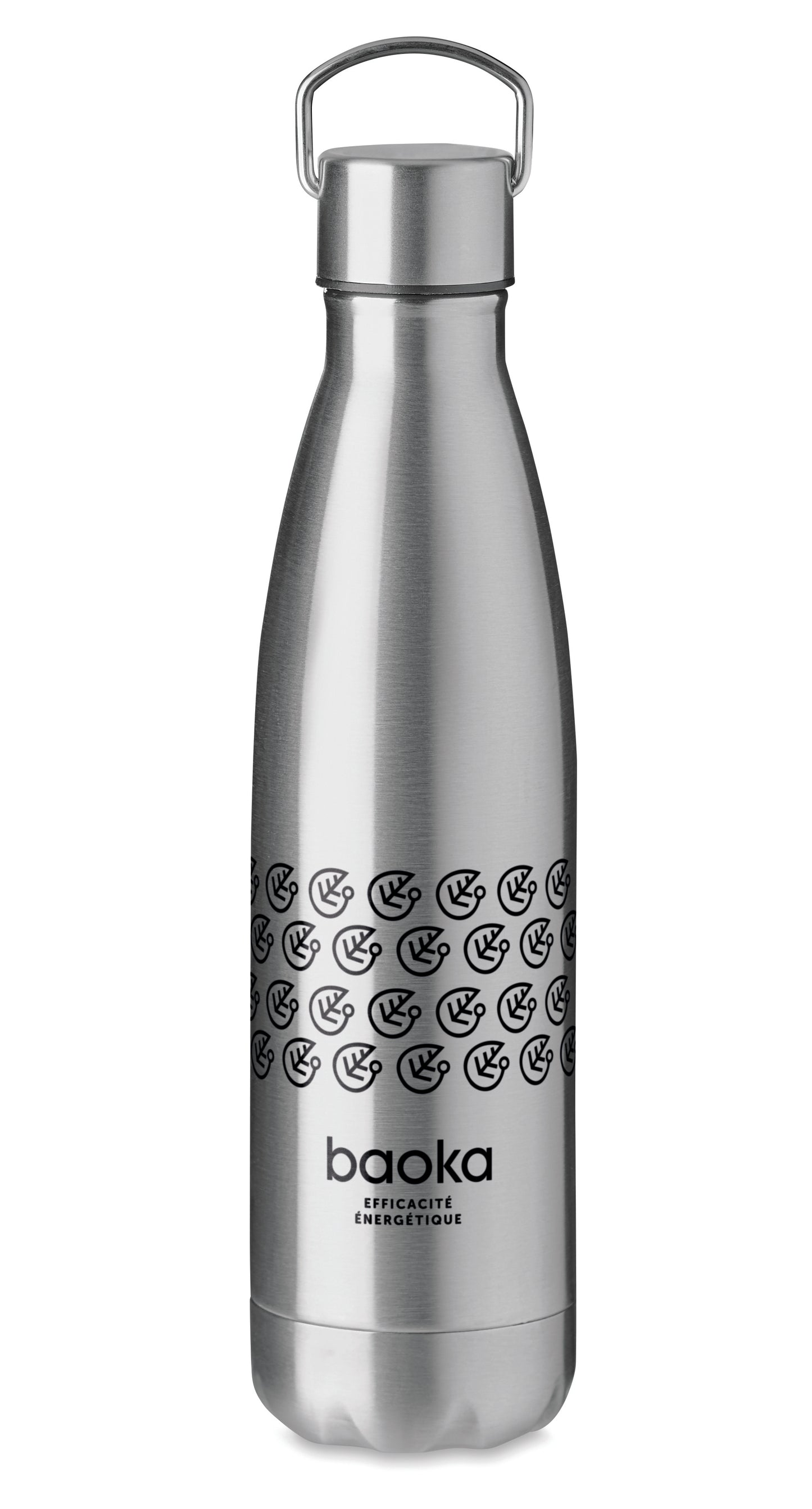 Doppelwandige Isolierflasche aus Edelstahl. Verschluss mit Henkel. Füllmenge: 500 ml. Auslaufsicher.