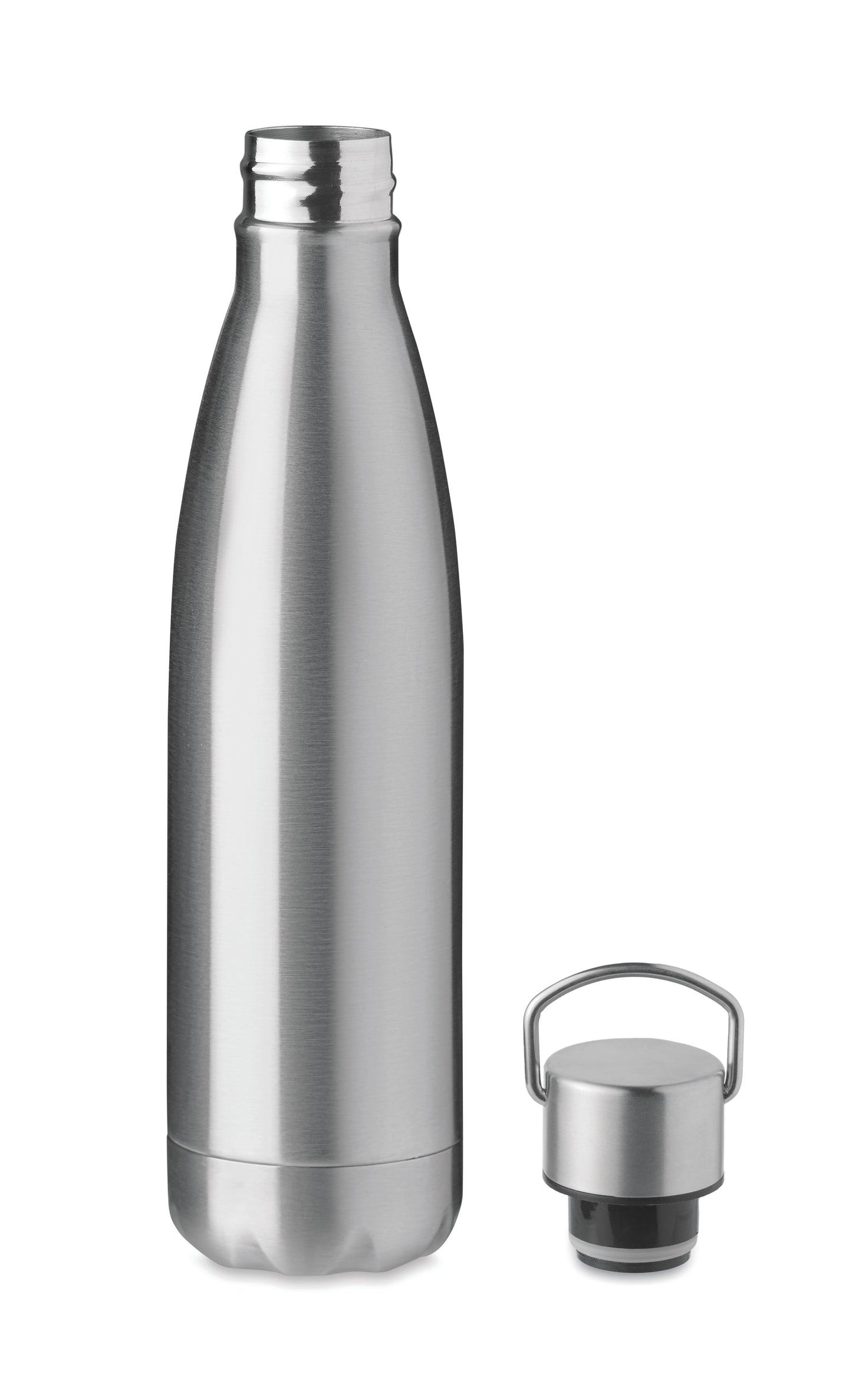 Doppelwandige Isolierflasche aus Edelstahl. Verschluss mit Henkel. Füllmenge: 500 ml. Auslaufsicher.