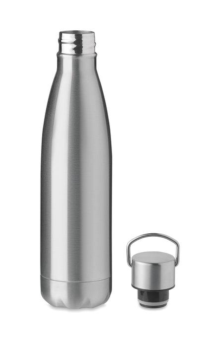 Doppelwandige Isolierflasche aus Edelstahl. Verschluss mit Henkel. Füllmenge: 500 ml. Auslaufsicher.