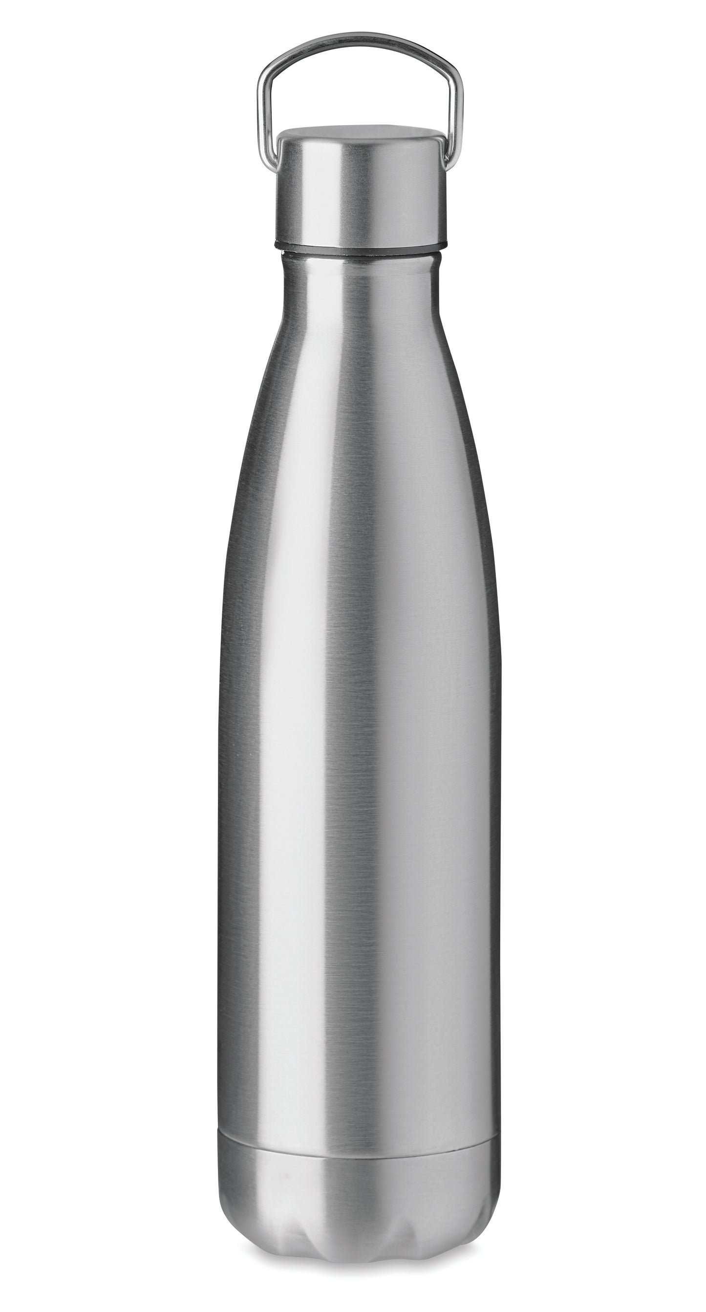 Doppelwandige Isolierflasche aus Edelstahl. Verschluss mit Henkel. Füllmenge: 500 ml. Auslaufsicher.