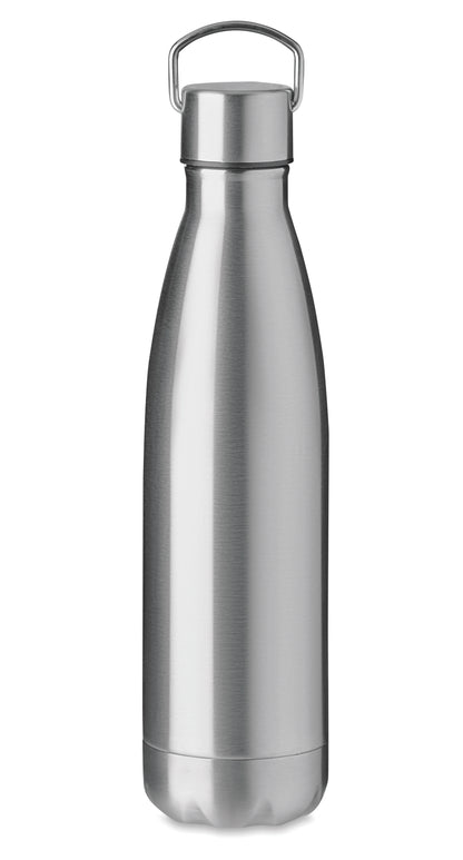 Doppelwandige Isolierflasche aus Edelstahl. Verschluss mit Henkel. Füllmenge: 500 ml. Auslaufsicher.