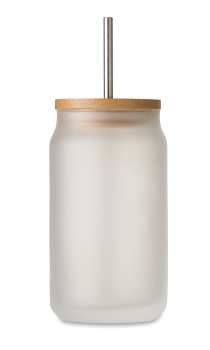 Trinkglas mit Bambusdeckel. Inkl. Trinkhalm aus Edelstahl. Spezielle Beschichtung für Sublimationsdruck. Füllmenge: