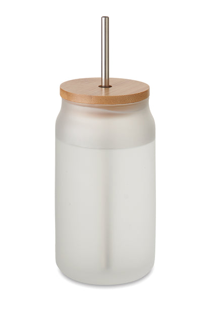 Trinkglas mit Bambusdeckel. Inkl. Trinkhalm aus Edelstahl. Spezielle Beschichtung für Sublimationsdruck. Füllmenge: