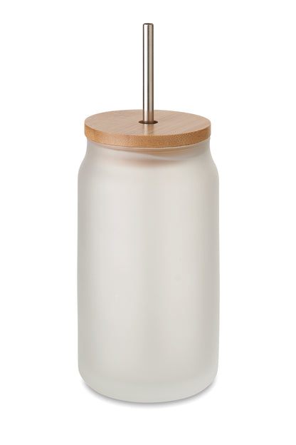 Trinkglas mit Bambusdeckel. Inkl. Trinkhalm aus Edelstahl. Spezielle Beschichtung für Sublimationsdruck. Füllmenge: