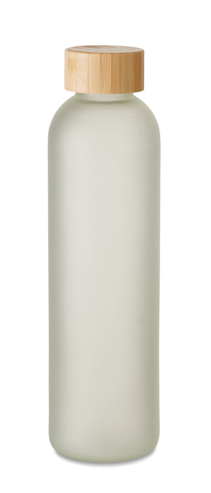 Glasflasche mit Verschluss aus Bambus. Spezielle Beschichtung für Sublimationsdruck. Füllmenge: 650 ml.