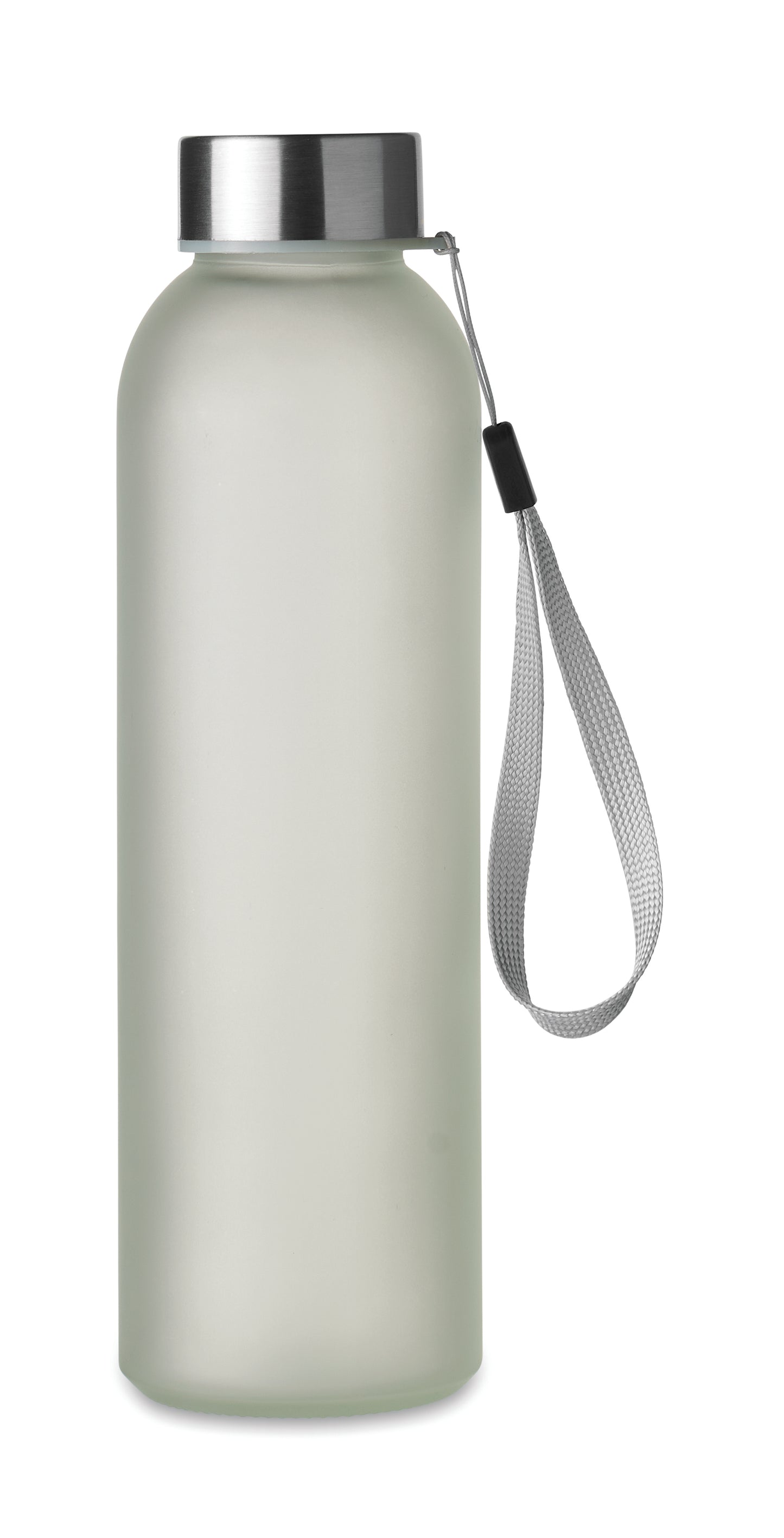Glasflasche. Sie hat einen Deckel aus Edelstahl und einen Aufhängeriemen. Fassungsvermögen: 500