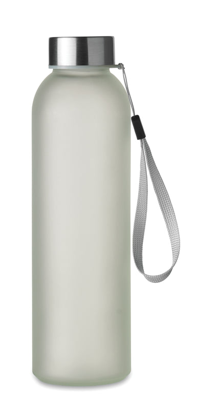 Glasflasche. Sie hat einen Deckel aus Edelstahl und einen Aufhängeriemen. Fassungsvermögen: 500