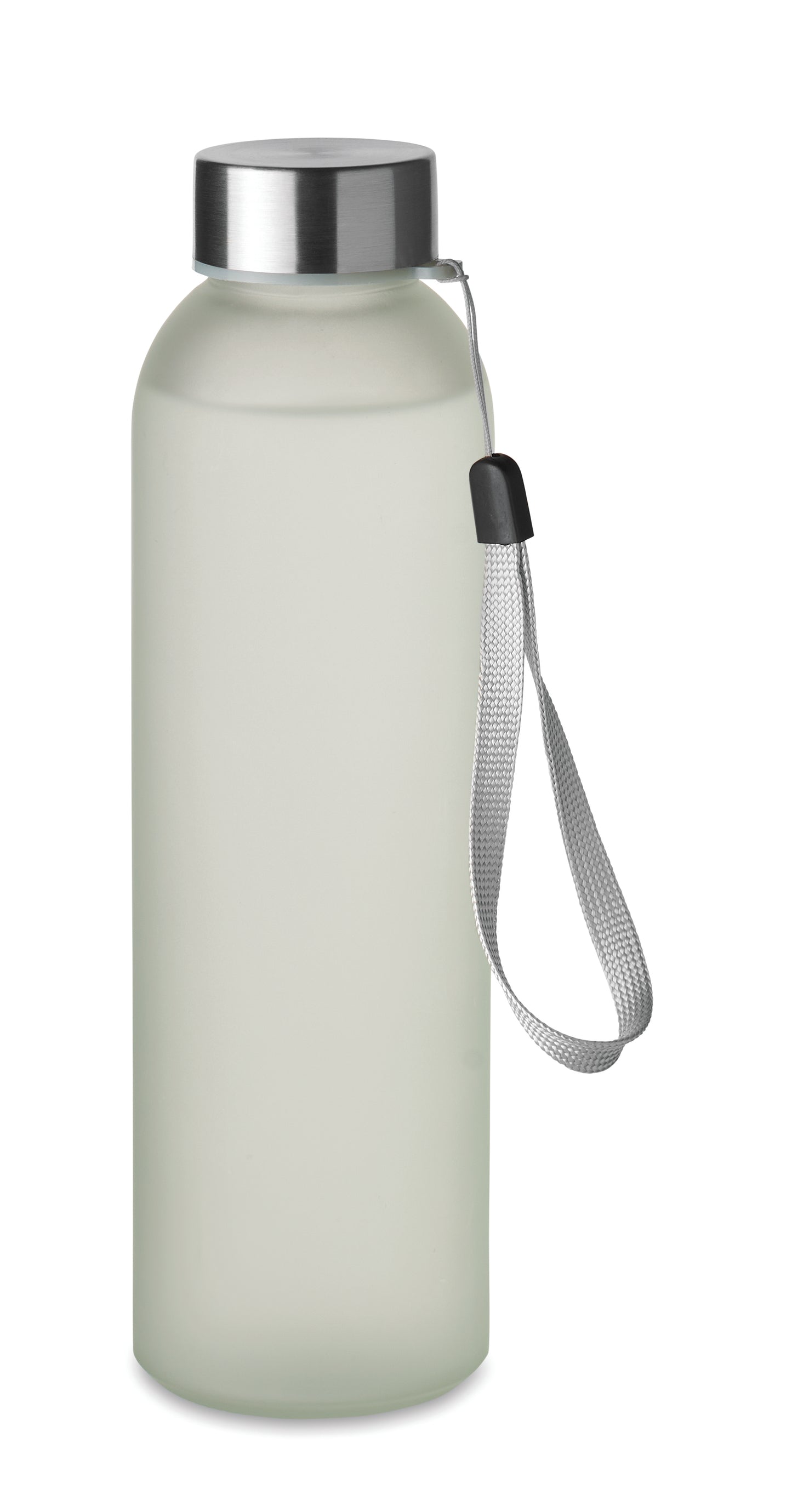 Glasflasche. Sie hat einen Deckel aus Edelstahl und einen Aufhängeriemen. Fassungsvermögen: 500