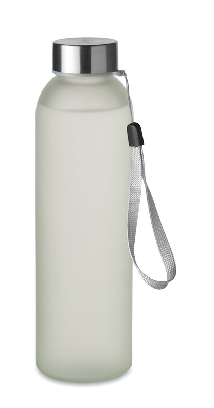 Glasflasche. Sie hat einen Deckel aus Edelstahl und einen Aufhängeriemen. Fassungsvermögen: 500