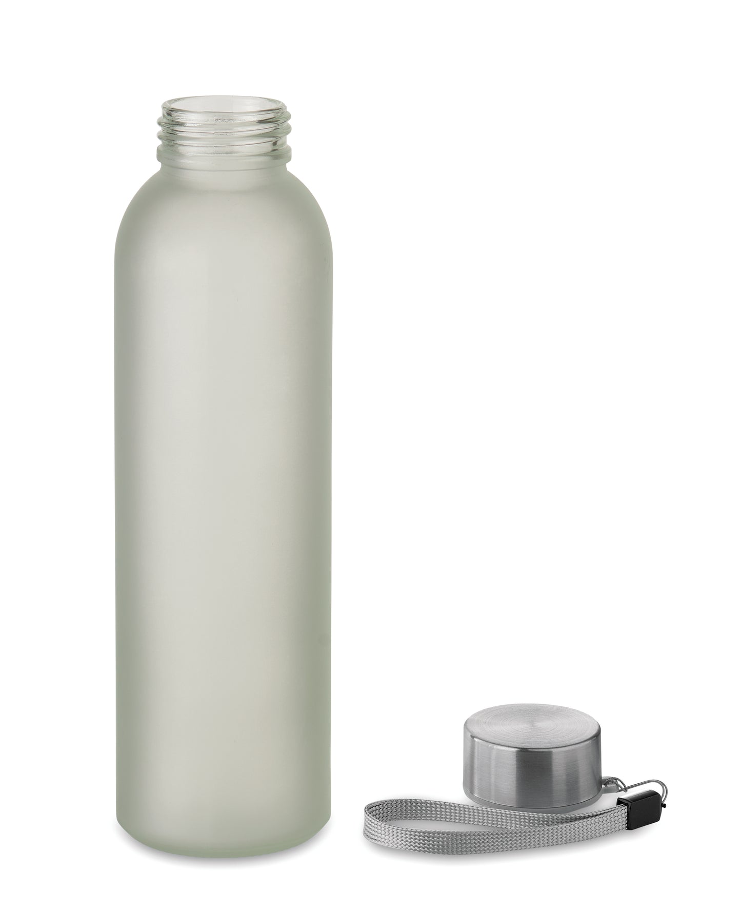 Glasflasche. Sie hat einen Deckel aus Edelstahl und einen Aufhängeriemen. Fassungsvermögen: 500