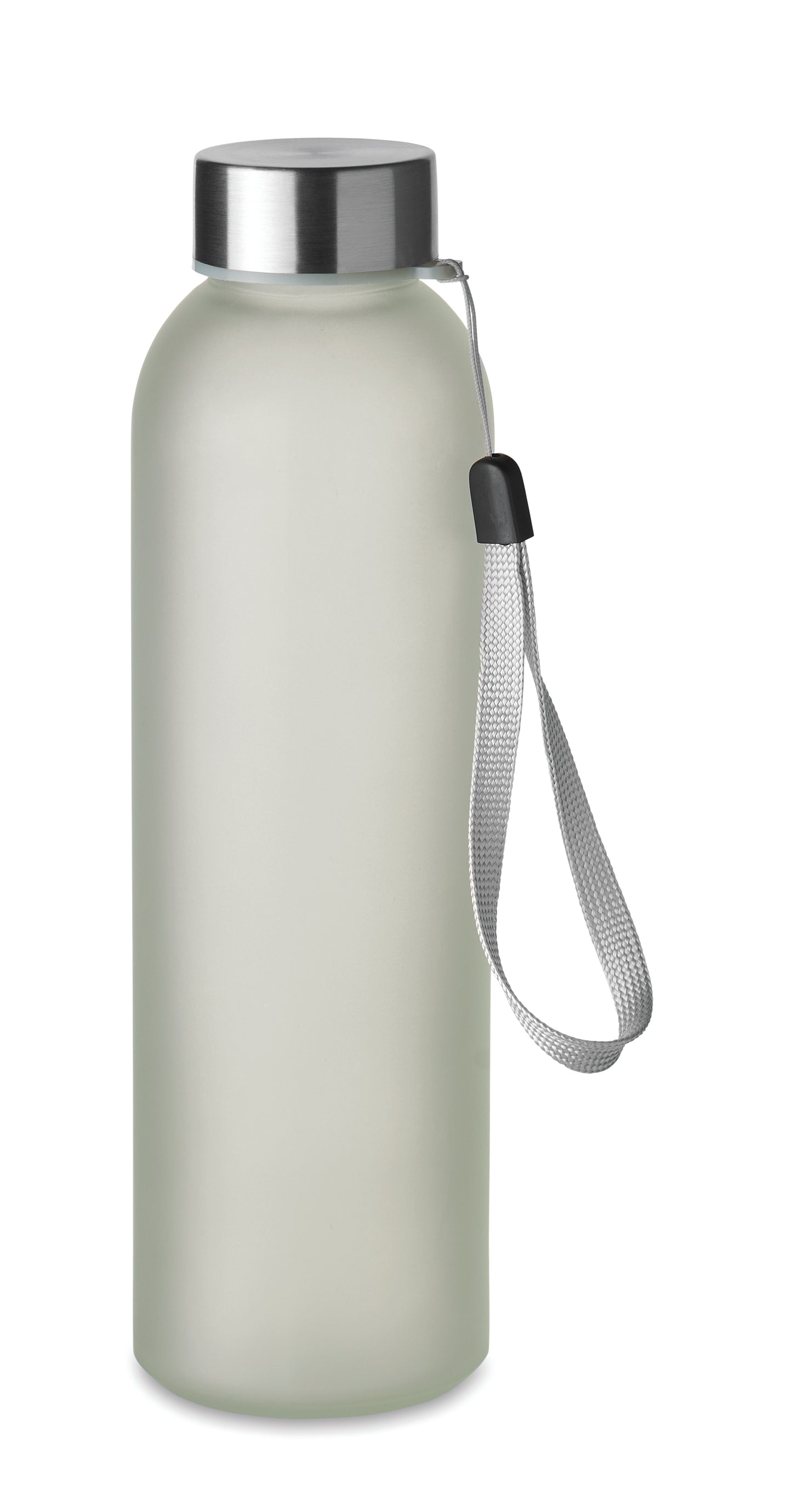 Glasflasche. Sie hat einen Deckel aus Edelstahl und einen Aufhängeriemen. Fassungsvermögen: 500