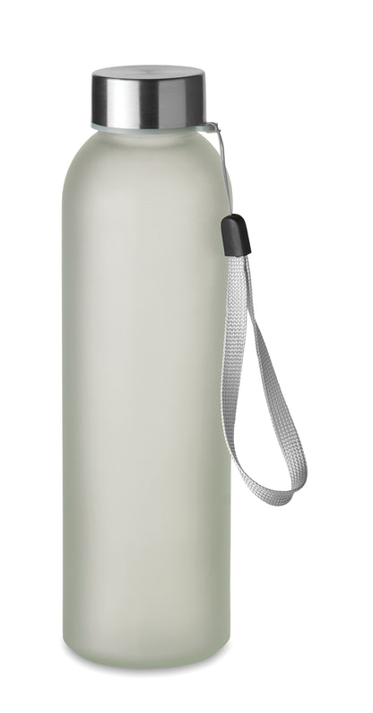 Glasflasche. Sie hat einen Deckel aus Edelstahl und einen Aufhängeriemen. Fassungsvermögen: 500