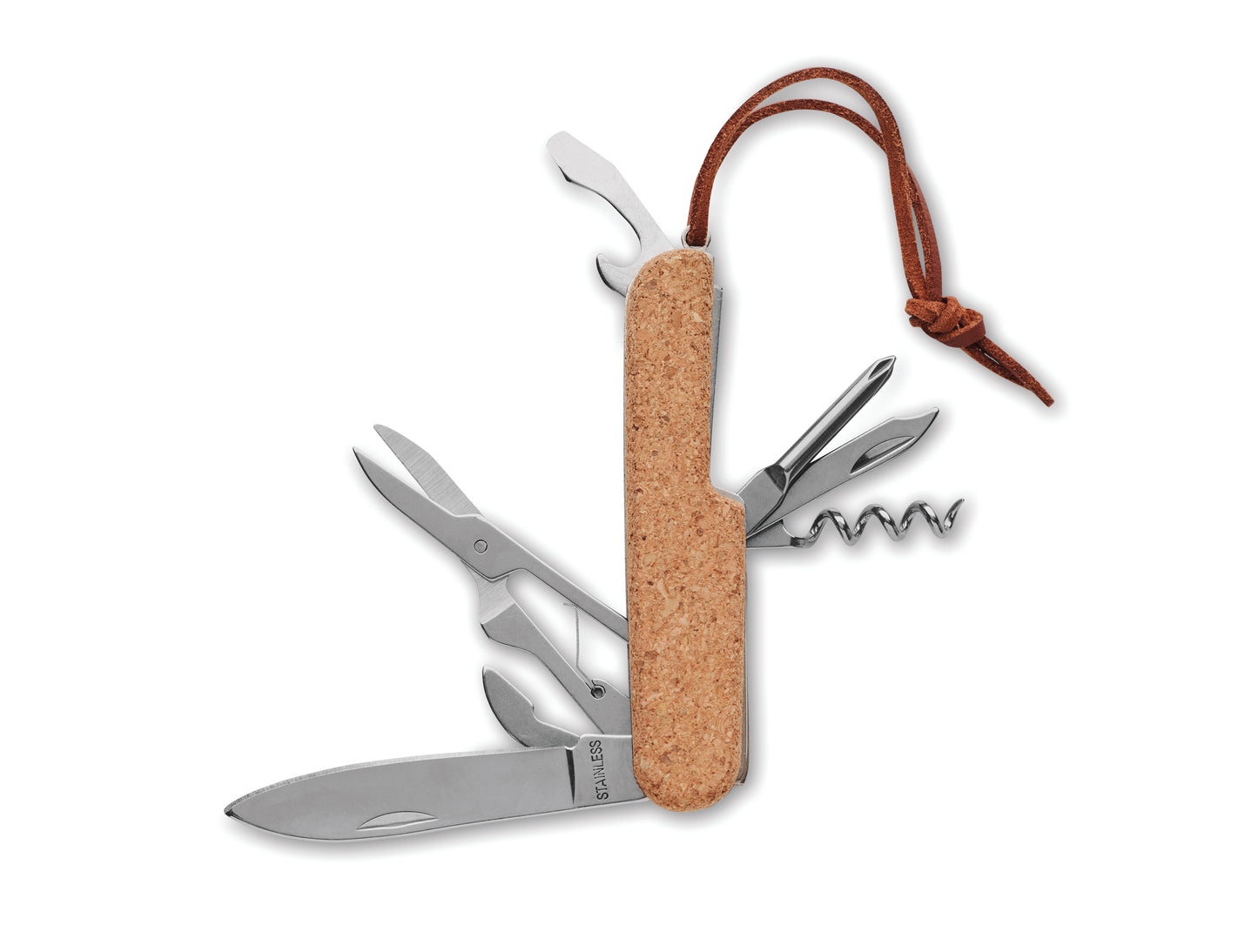 Multifunktionstaschenmesser mit 7 Funktionen. Korkdekor und PU-Handschlaufe. Kork ist ein 100% natürliches