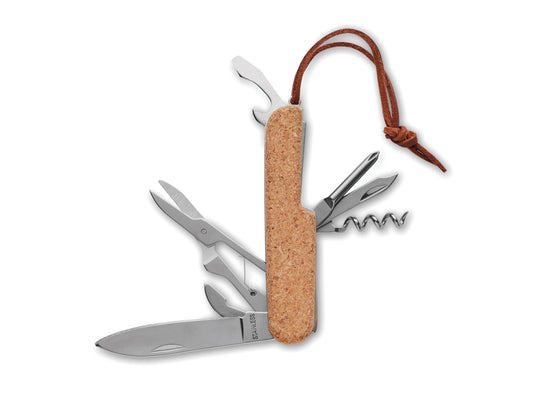 Multifunktionstaschenmesser mit 7 Funktionen. Korkdekor und PU-Handschlaufe. Kork ist ein 100% natürliches