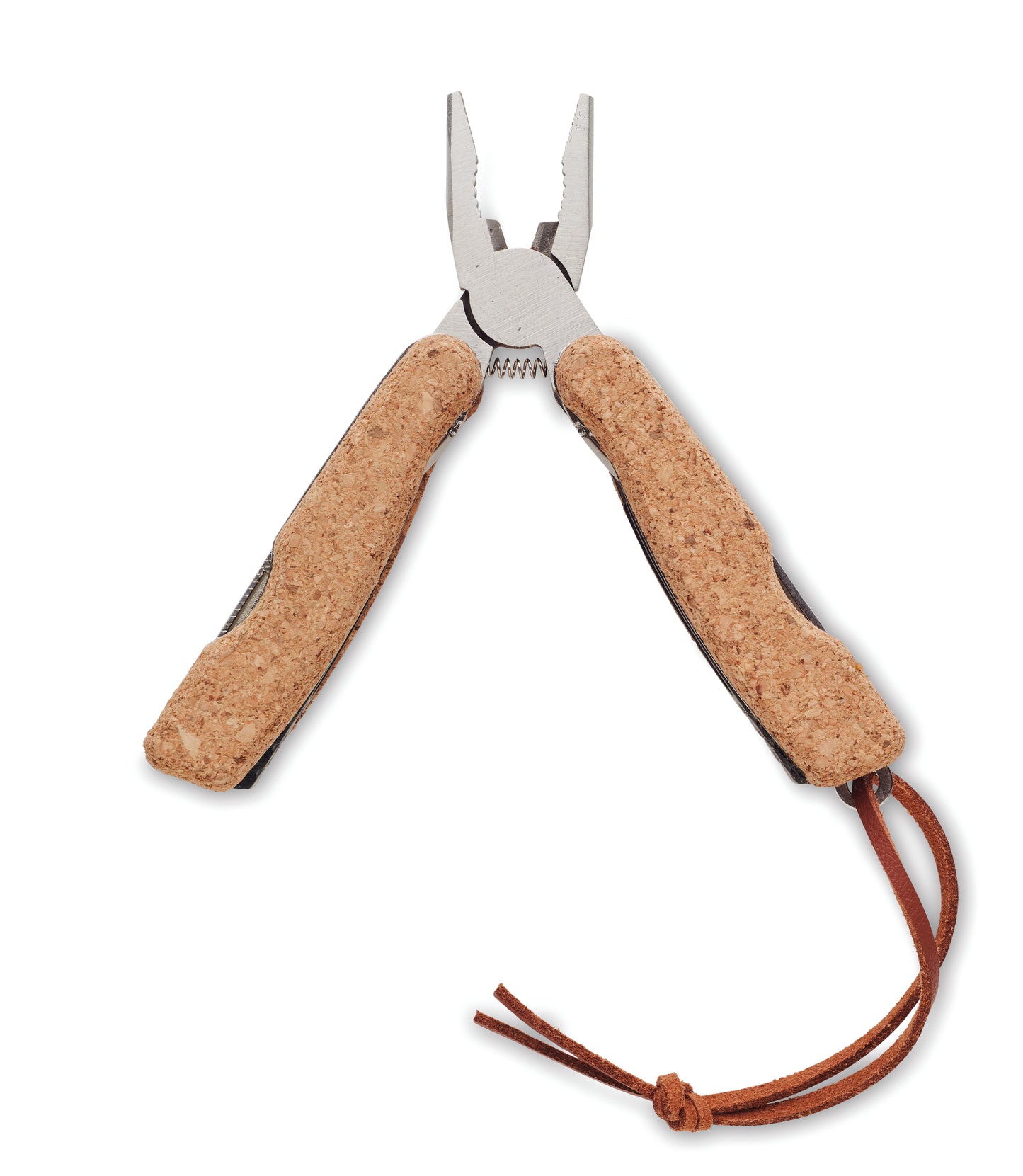 Multifunktionsmesser aus Edelstahl mit 9 Funktionen. Korkdekor und PU-Handschlaufe. Kork ist ein