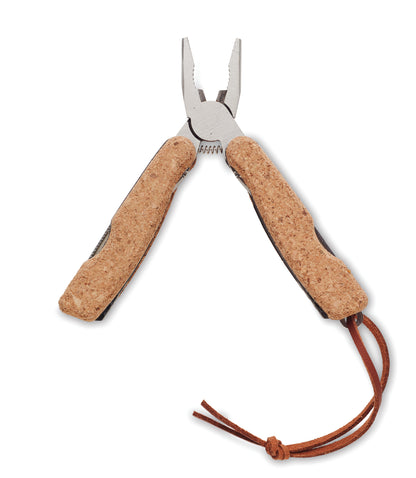 Multifunktionsmesser aus Edelstahl mit 9 Funktionen. Korkdekor und PU-Handschlaufe. Kork ist ein