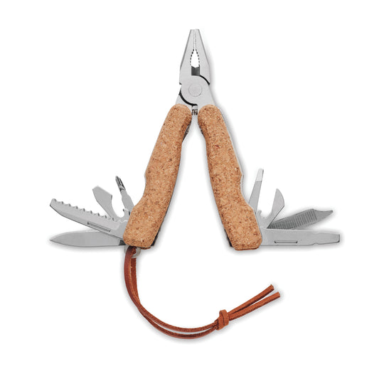 Multifunktionsmesser aus Edelstahl mit 9 Funktionen. Korkdekor und PU-Handschlaufe. Kork ist ein