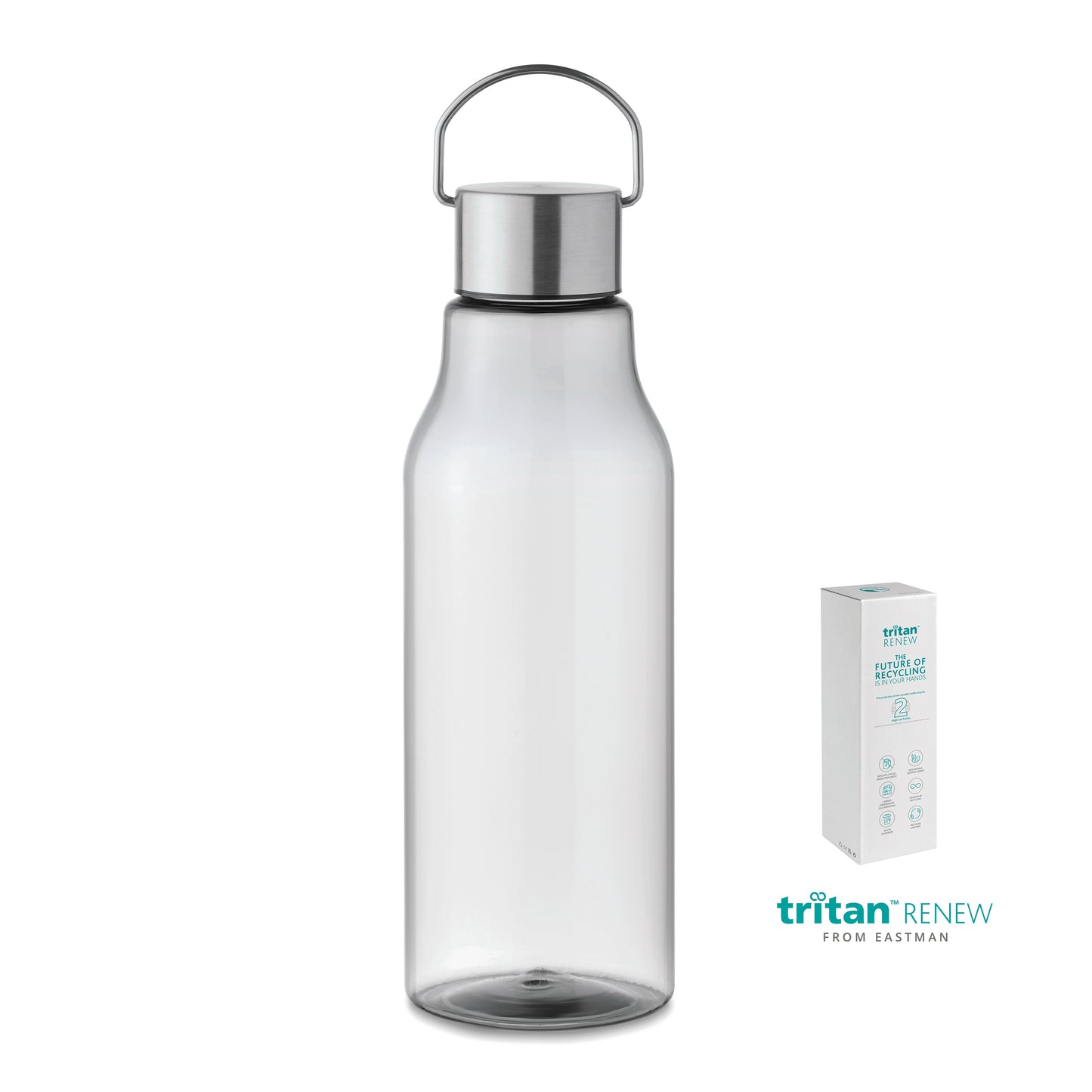 Trinkflasche aus Tritan Renew™. BPA-frei. Verschluss aus Edelstahl mit Henkel. Auslaufsicher. Füllmenge: