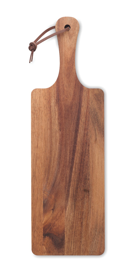 Servierbrett aus Akazienholz mit Griff. Aufhänger aus PU. Holz ist ein natürliches