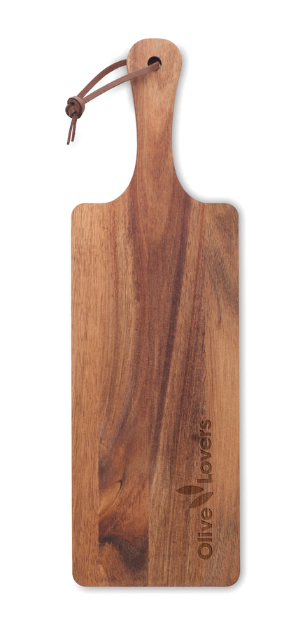 Servierbrett aus Akazienholz mit Griff. Aufhänger aus PU. Holz ist ein natürliches