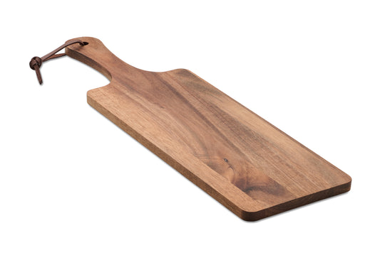Servierbrett aus Akazienholz mit Griff. Aufhänger aus PU. Holz ist ein natürliches