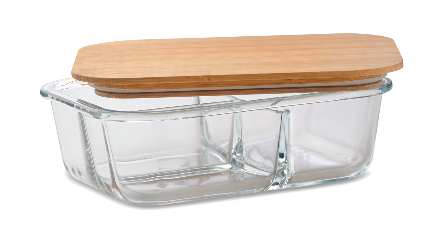 Lunchbox aus Borosilikatglas mit 3 Fächern. Deckel aus Bambus und Verschlussband aus