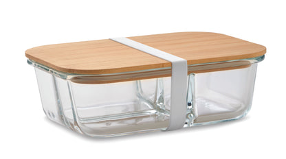 Lunchbox aus Borosilikatglas mit 3 Fächern. Deckel aus Bambus und Verschlussband aus