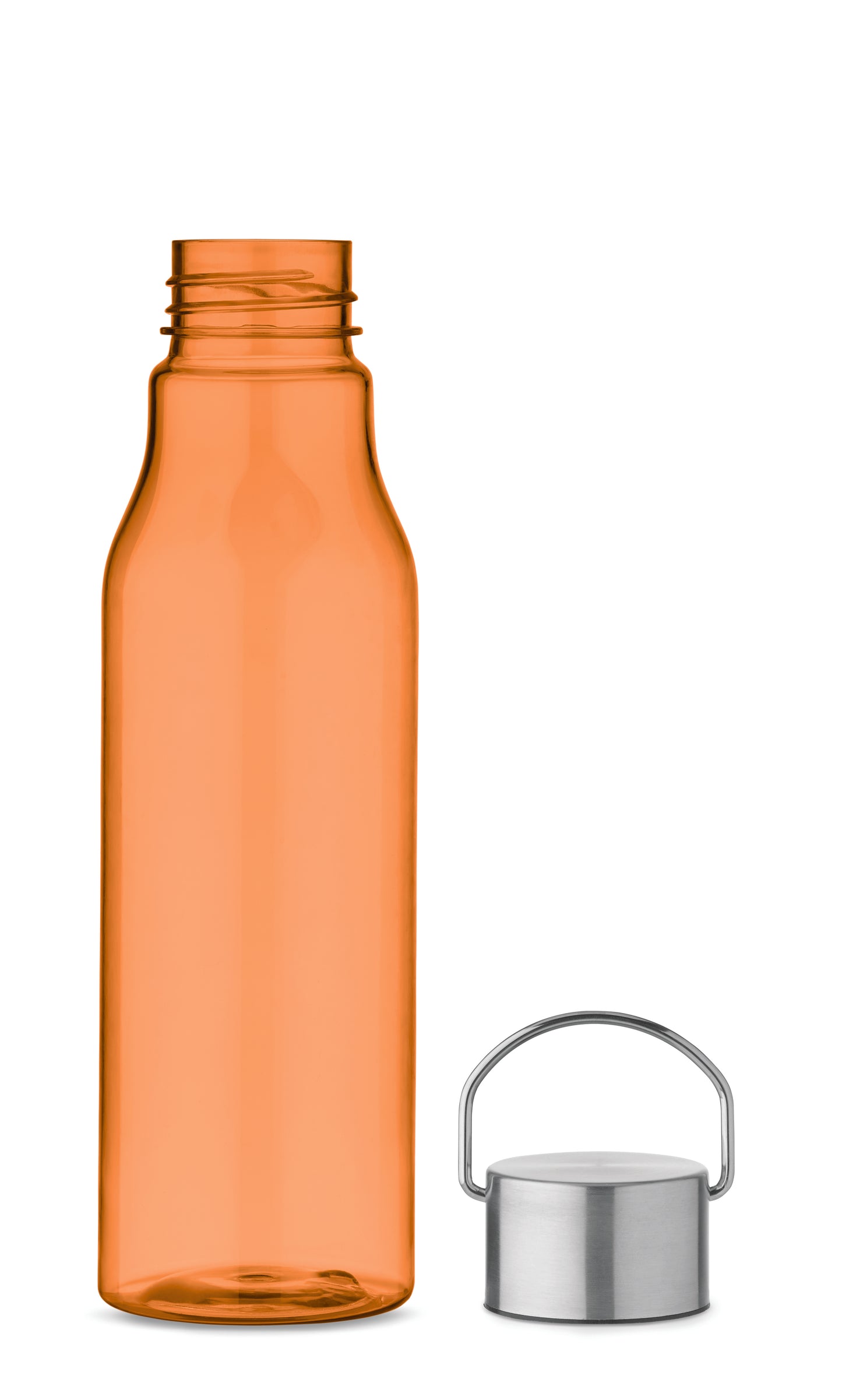 Trinkflasche aus BPA-freiem RPET. Verschluss aus Edelstahl mit Henkel. Auslaufsicher. Füllmenge: 600