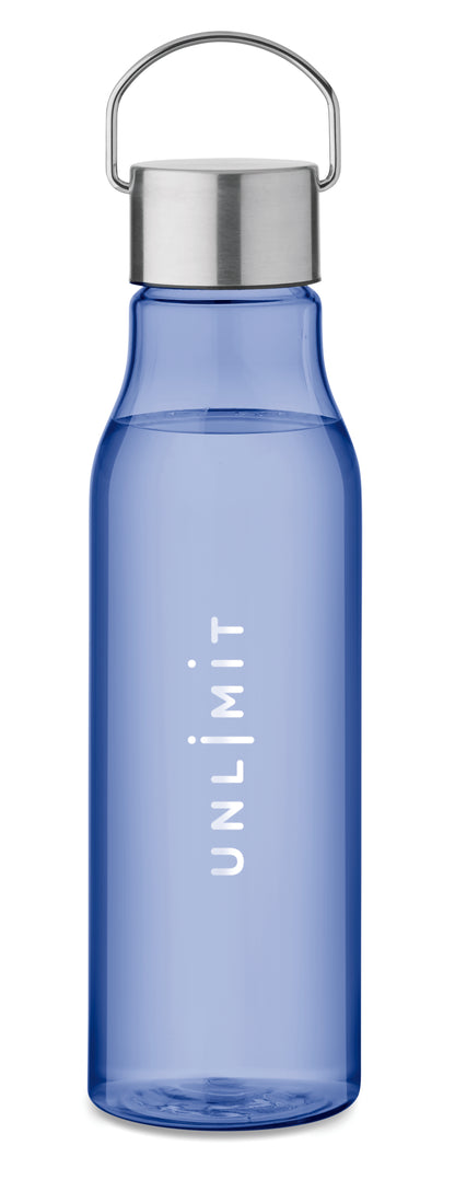 Trinkflasche aus BPA-freiem RPET. Verschluss aus Edelstahl mit Henkel. Auslaufsicher. Füllmenge: 600