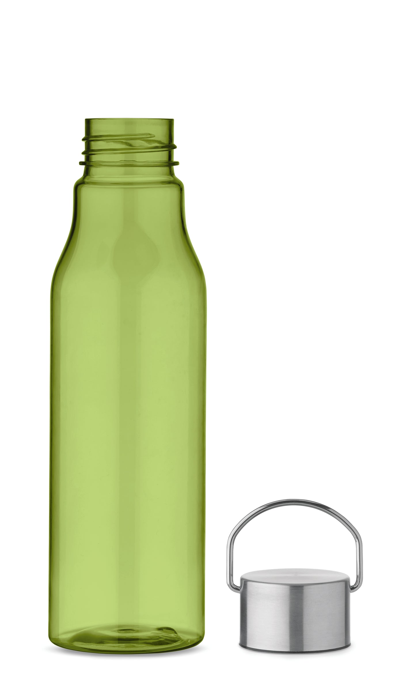 Trinkflasche aus BPA-freiem RPET. Verschluss aus Edelstahl mit Henkel. Auslaufsicher. Füllmenge: 600