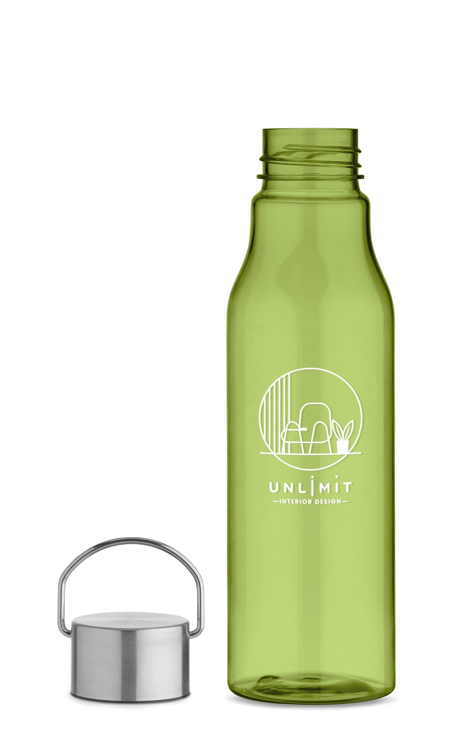 Trinkflasche aus BPA-freiem RPET. Verschluss aus Edelstahl mit Henkel. Auslaufsicher. Füllmenge: 600