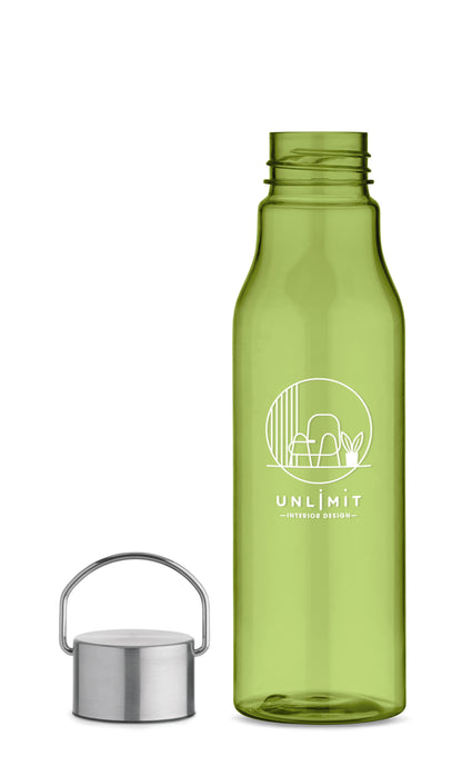 Trinkflasche aus BPA-freiem RPET. Verschluss aus Edelstahl mit Henkel. Auslaufsicher. Füllmenge: 600