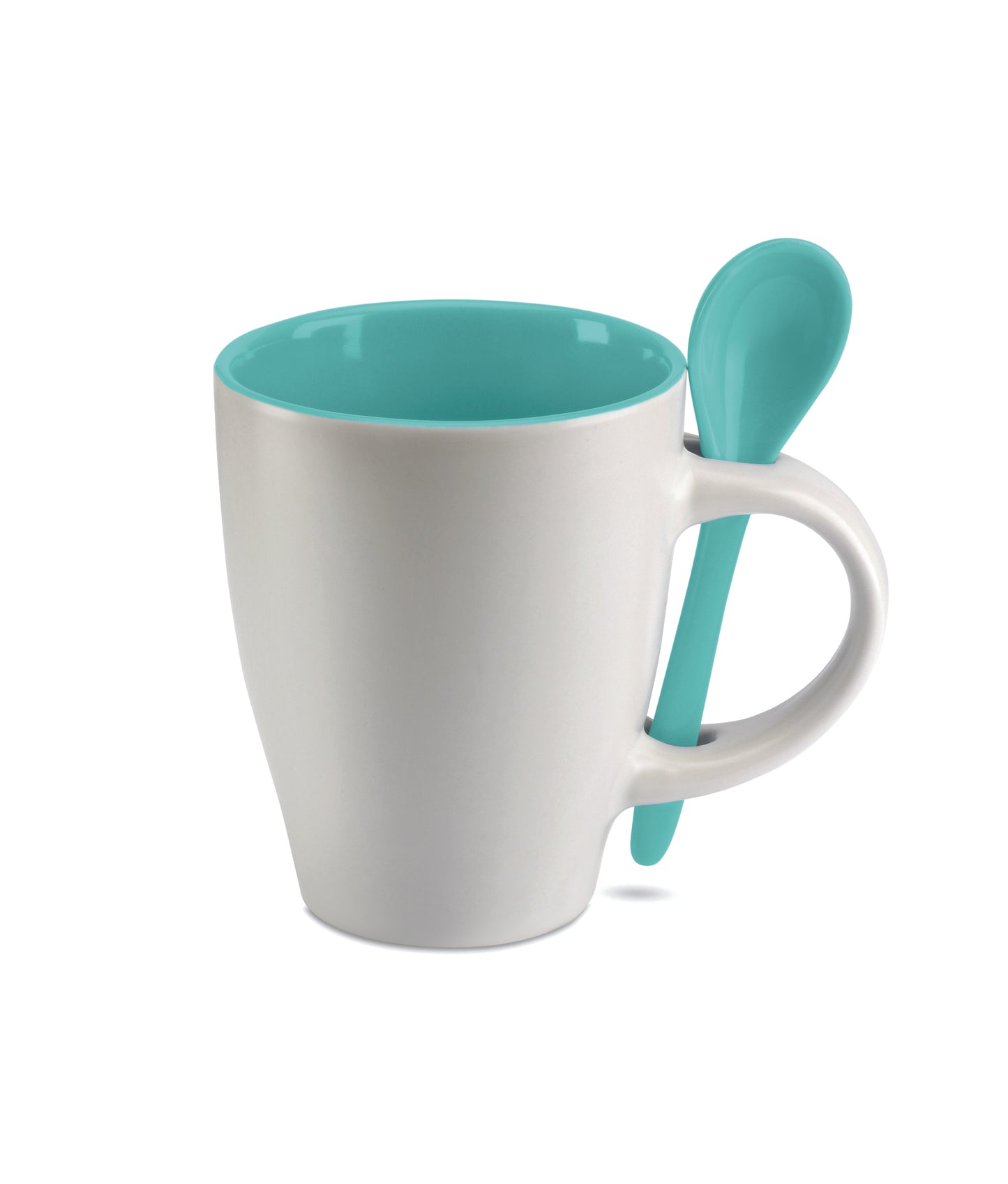 Zweifarbiger Kaffeebecher aus Keramik mit Löffel. Füllmenge: 250 ml. Nur Keramik-Transferdruck ist