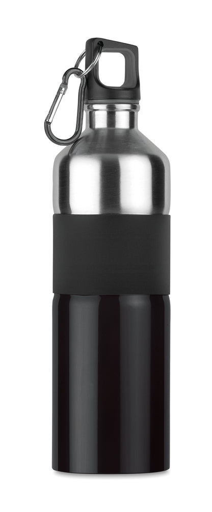 Zweifarbige einwandige Trinkflasche aus Edelstahl mit gummiertem Griffteil und Karabiner. Füllmenge: 750