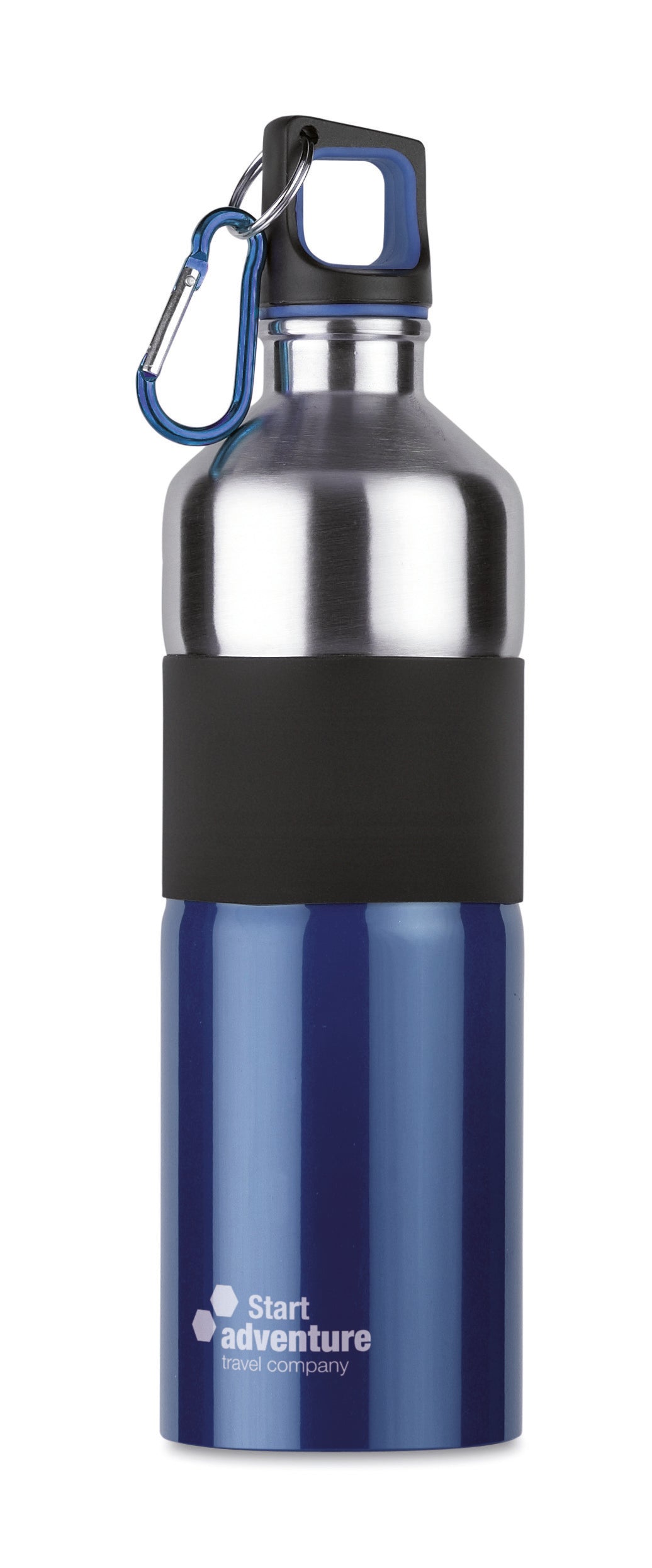 Zweifarbige einwandige Trinkflasche aus Edelstahl mit gummiertem Griffteil und Karabiner. Füllmenge: 750