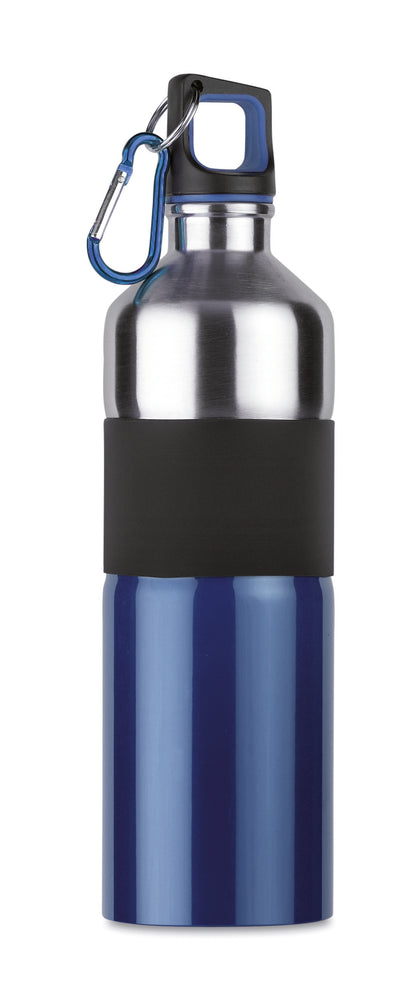 Zweifarbige einwandige Trinkflasche aus Edelstahl mit gummiertem Griffteil und Karabiner. Füllmenge: 750