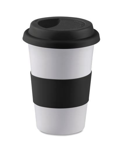 Einwandiger Keramikbecher mit Silikon-Deckel und einem Silikon-Griff . Füllmenge 400ml. Nur Keramik-Transferdruck