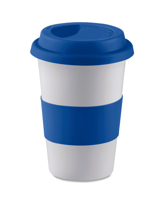 Einwandiger Keramikbecher mit Silikon-Deckel und einem Silikon-Griff . Füllmenge 400ml. Nur Keramik-Transferdruck