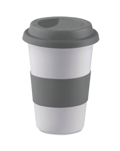 Einwandiger Keramikbecher mit Silikon-Deckel und einem Silikon-Griff . Füllmenge 400ml. Nur Keramik-Transferdruck
