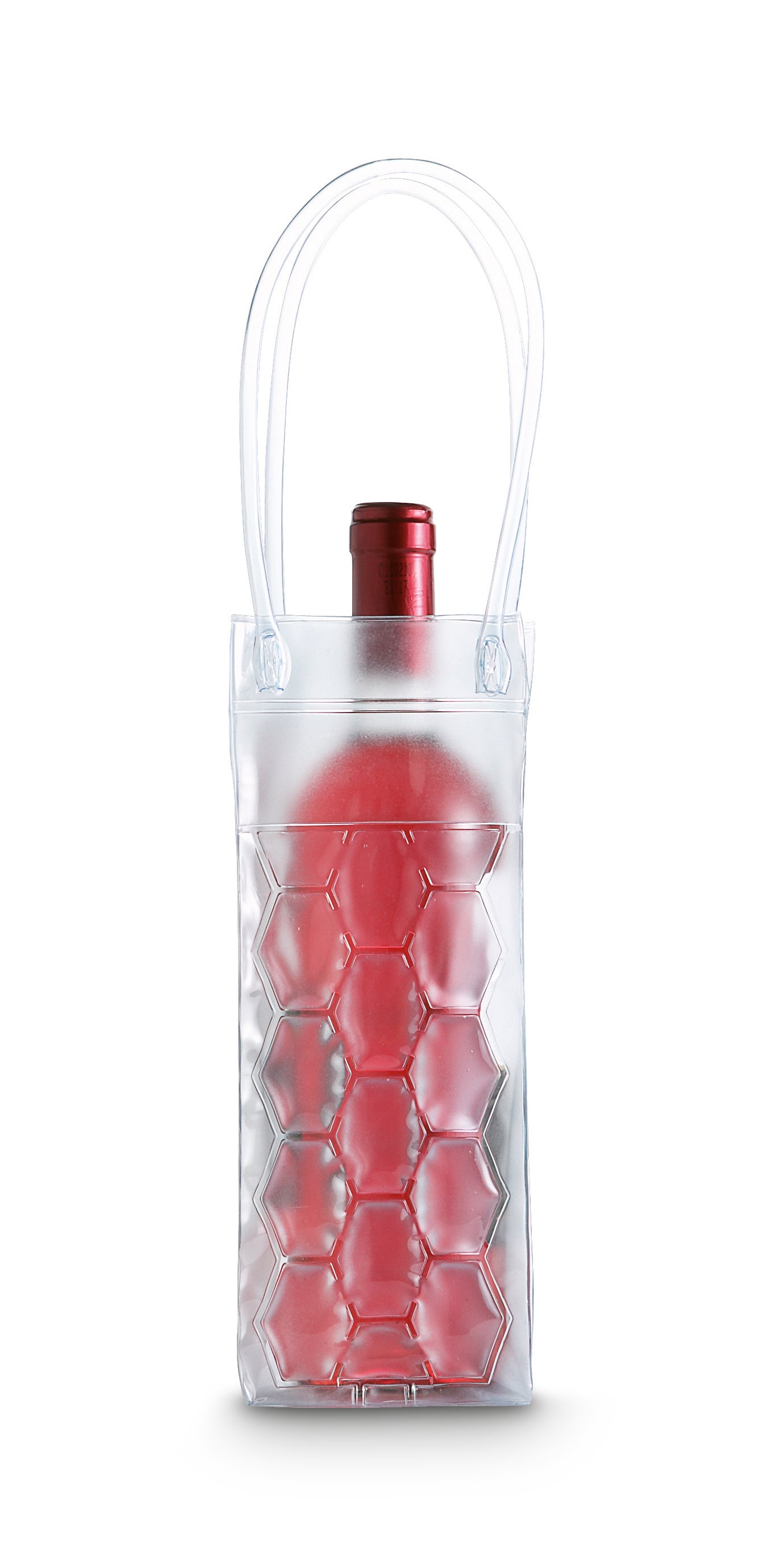 Kühltasche aus transparentem PVC für eine Flasche. Kühltasche einfach in den Gefrierschrank