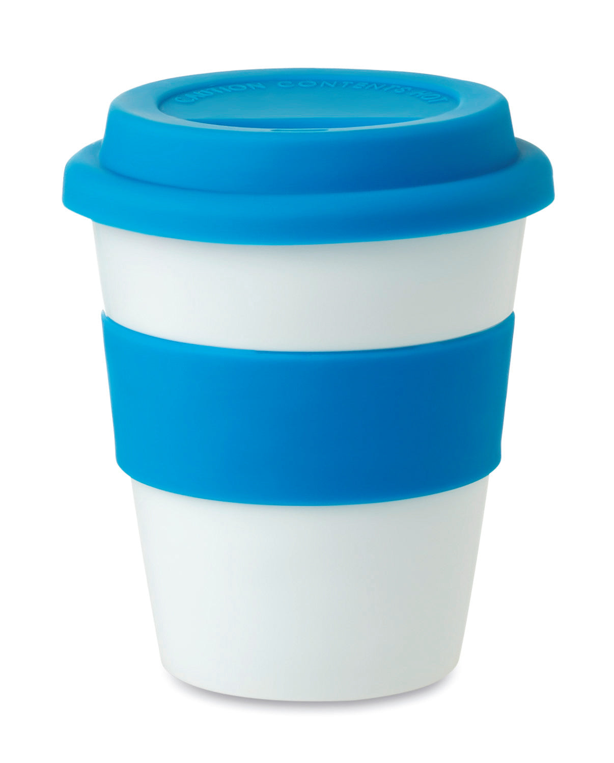 Einwandiger Becher aus glänzend weißem PP mit Silikon-Deckel und -Griff. Füllmenge: 350