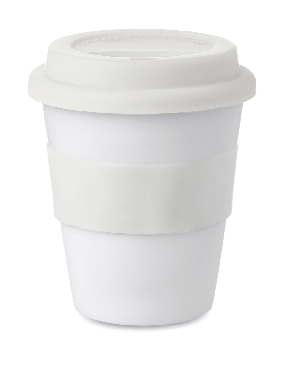 Einwandiger Becher aus glänzend weißem PP mit Silikon-Deckel und -Griff. Füllmenge: 350