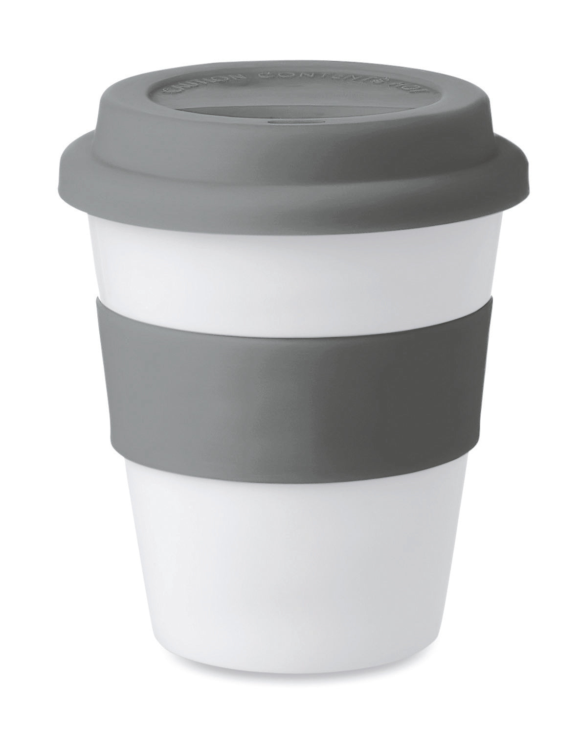 Einwandiger Becher aus glänzend weißem PP mit Silikon-Deckel und -Griff. Füllmenge: 350
