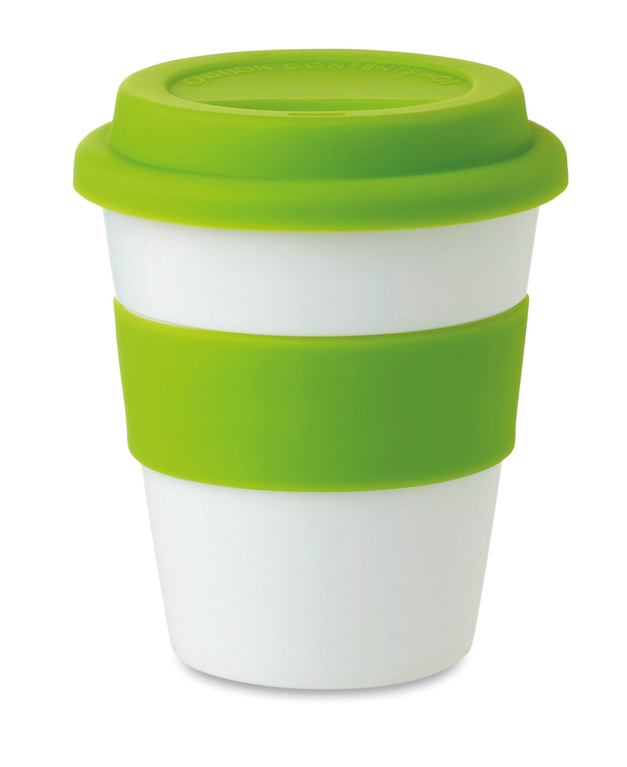 Einwandiger Becher aus glänzend weißem PP mit Silikon-Deckel und -Griff. Füllmenge: 350
